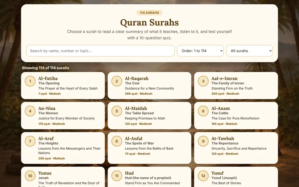 Quran Surahs game screen